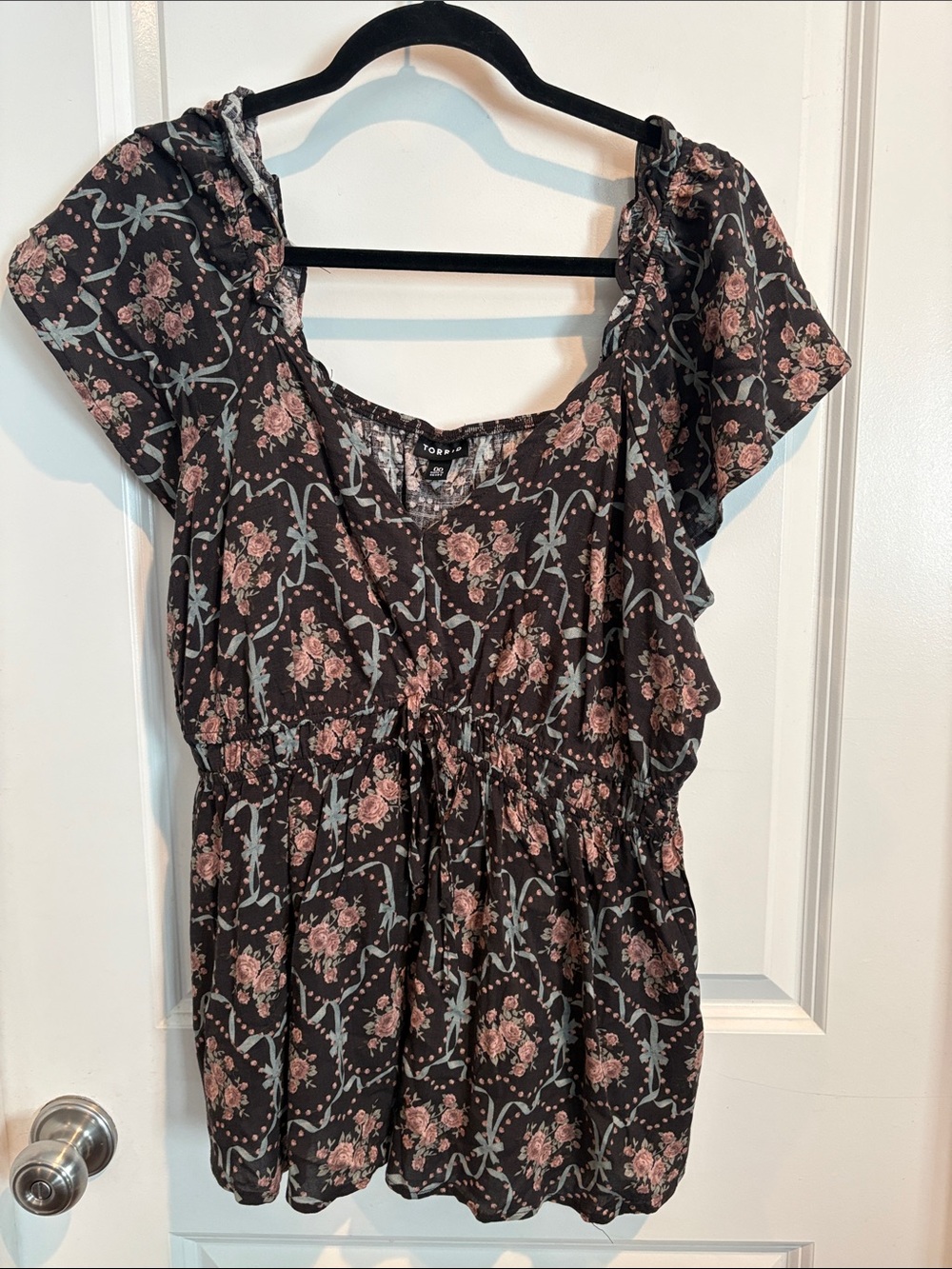 torrid Black Floral Drawstring Peasant Top